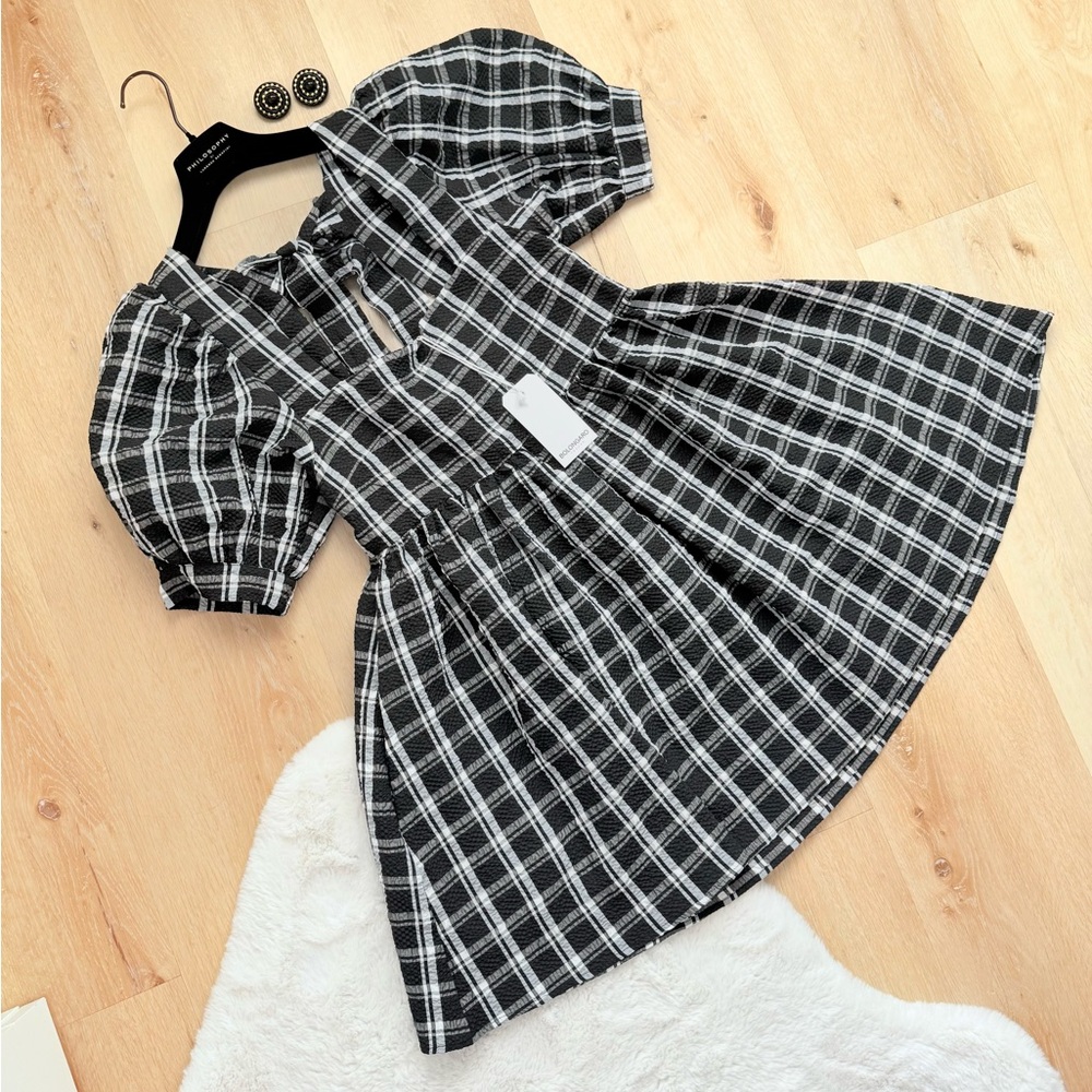 Plaid Black and White Mini Dress Sz S NWT
